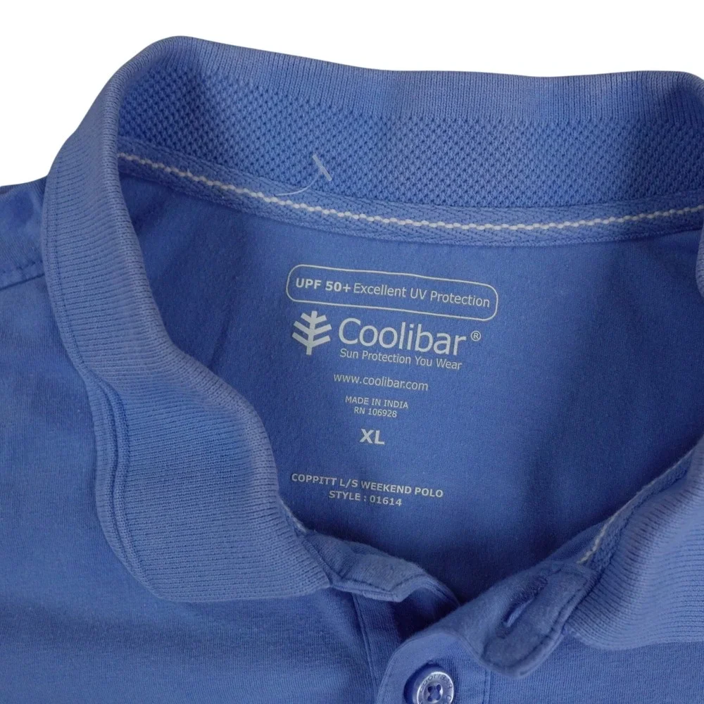 Coolibar Mens XL Coppitt Long Sleeve‎ Weekend Polo Shirt Blue UPF 50+ Beach Surf
